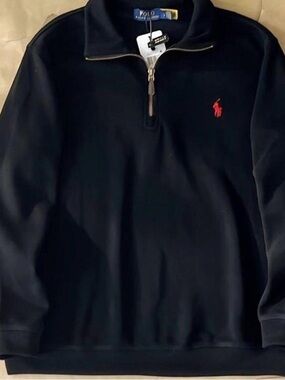 Polo by Ralph Lauren Men’s Black Half-Zip Sweater with Red Pony